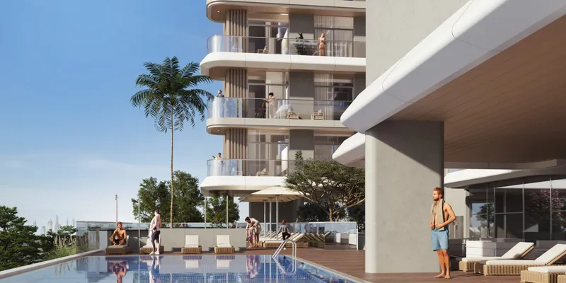 Render of the swimming pool and sun loungers at Azizi Sikander