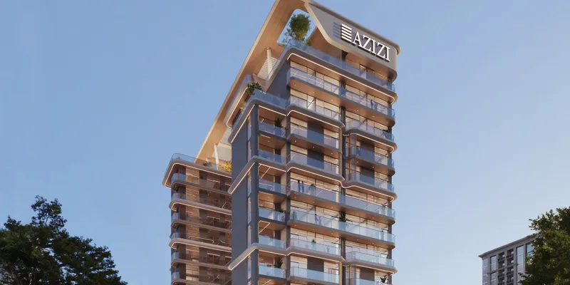 Render of the upper floors and balconies of Azizi Sikander at dusk