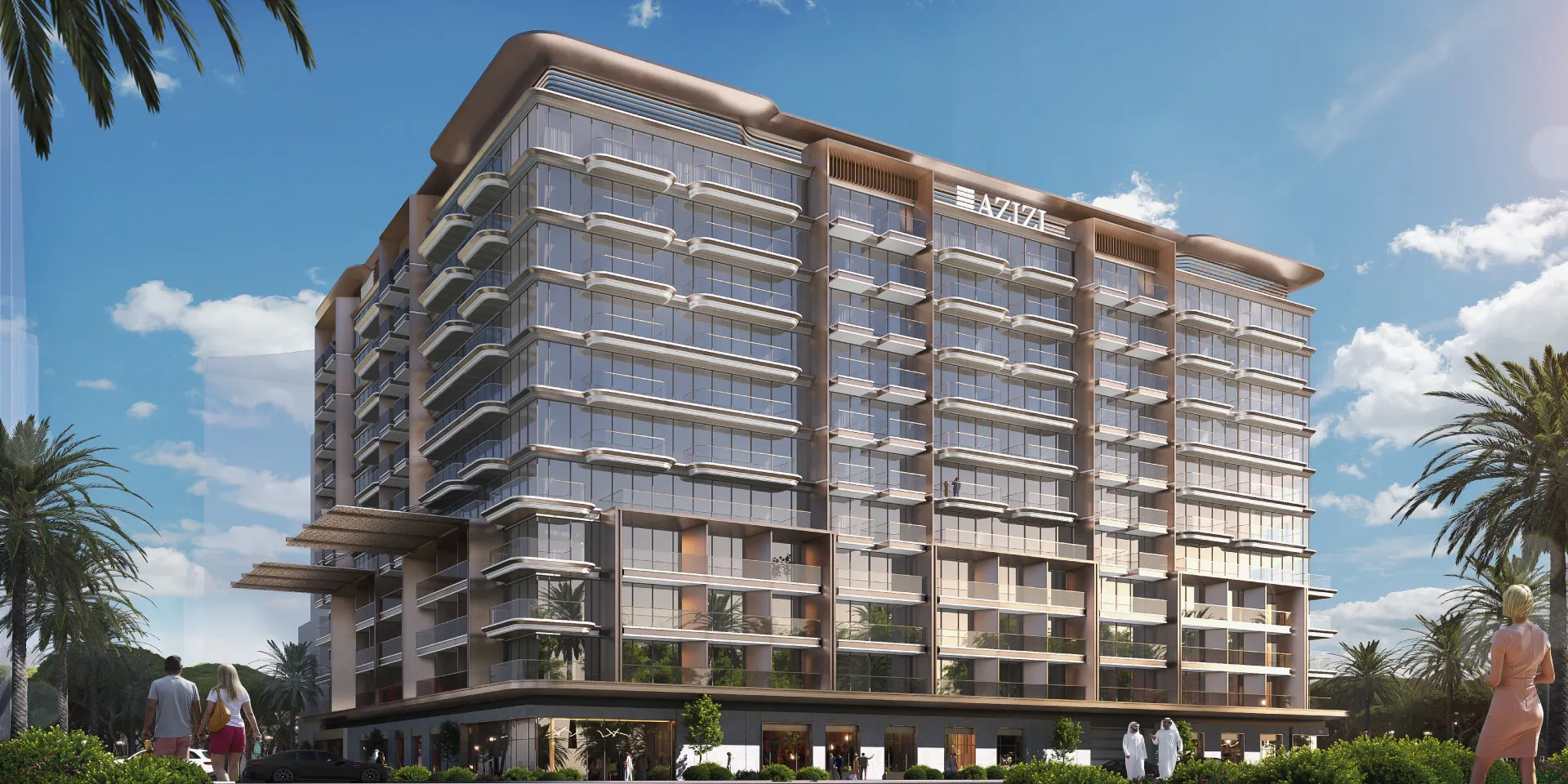 Render of the Azizi Wares apartment building in Downtown Jebel Ali by day