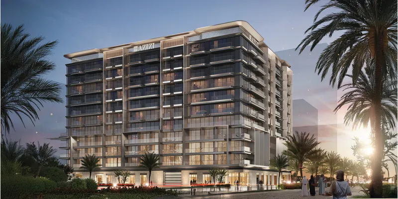 Render of Azizi Wares at dusk, with shops along the ground floor