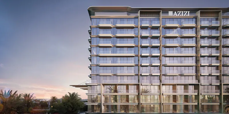 Render of the front elevation of Azizi Wares at sunset