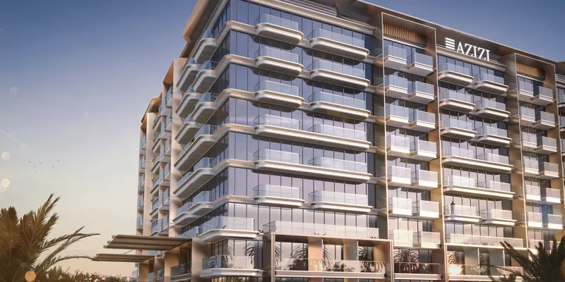 Render of the glazed facade and balconies of Azizi Wares