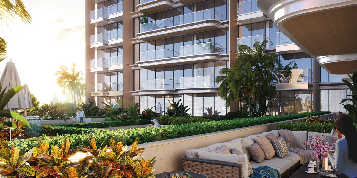 Render of a planted terrace with outdoor seating at Azizi Wares