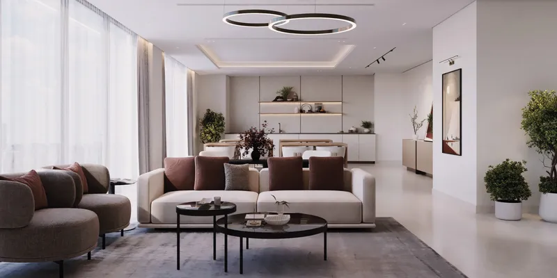 Render of a living room in an Azizi Wares apartment