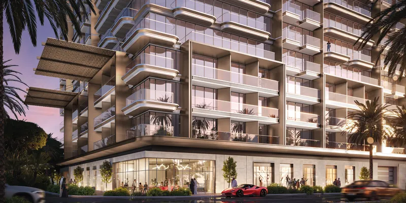 Render of the ground-floor shops and lower balconies of Azizi Wares from the street