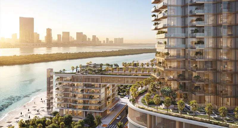 Render looking past the tower terraces to the beach, the mangroves and the Abu Dhabi skyline