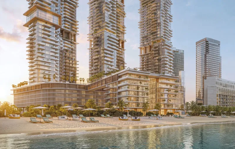 Render of the towers and resort podium of Bab Al Qasr Beach Resort Residence 77 above the beach