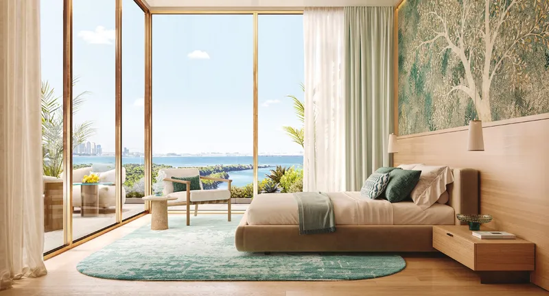 Render of a furnished bedroom with full-height windows facing the sea