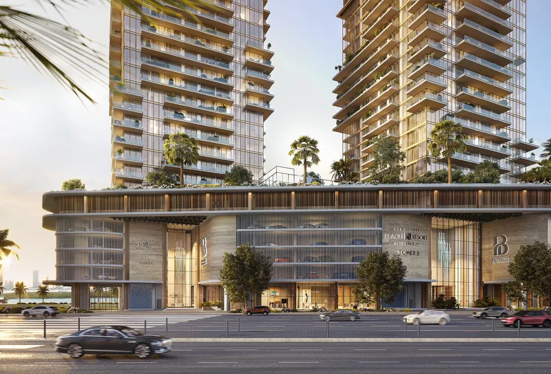 Render of the travertine-clad podium and arrival area of Bab Al Qasr Beach Resort Residence 77 from the street