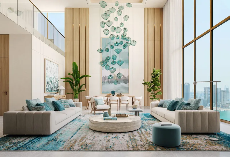 Render of a double-height furnished living room with sea views