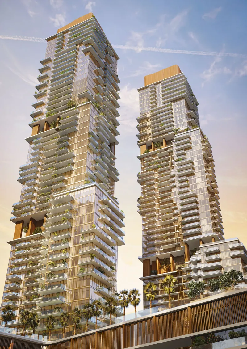 Render of two of the towers with wood-clad fins and deep terraces