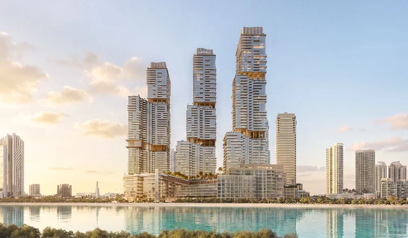 Render of the three Bab Al Qasr Beach Resort Residence 77 towers on Al Reem Island seen across the water