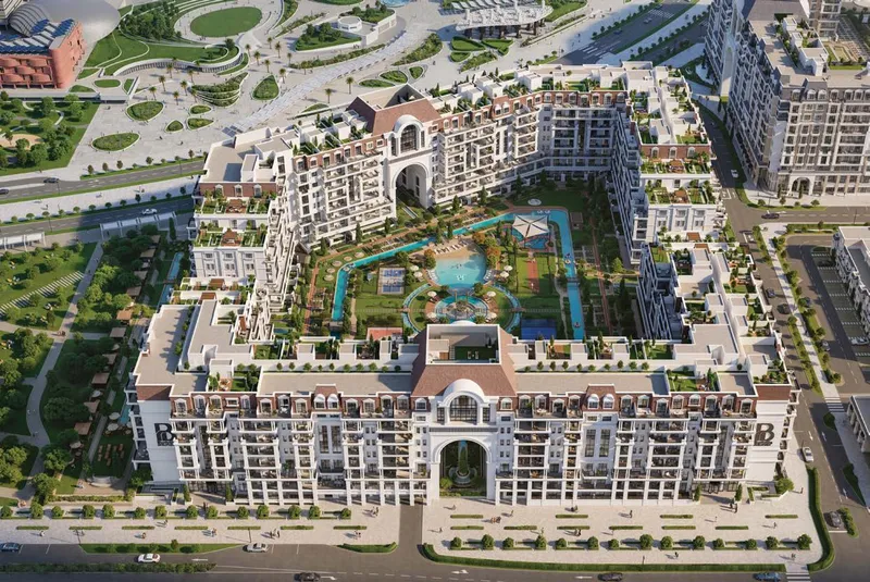 Aerial render of Bab Al Qasr Garden Residence 65 around its landscaped courtyard in Masdar City
