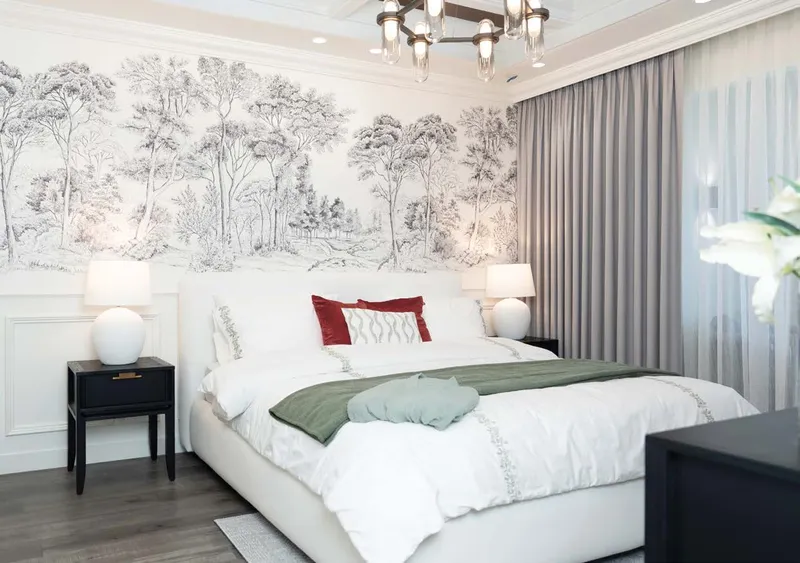 Render of a furnished bedroom with a patterned feature wall