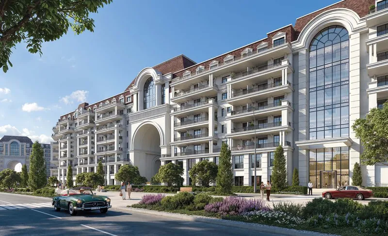 Render of the European-style facade of Bab Al Qasr Garden Residence 65 along a tree-lined street