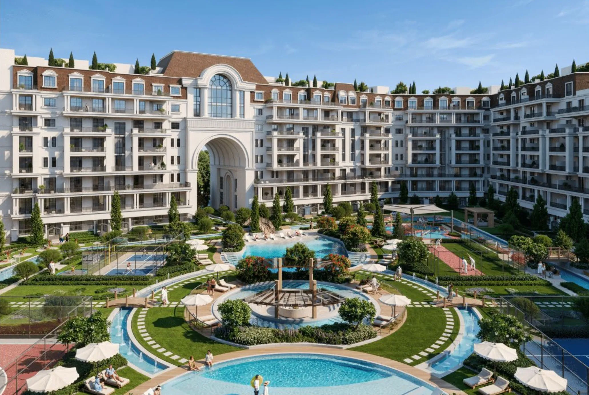 Render of the central courtyard of Bab Al Qasr Garden Residence 65, with pools, lawns and a fountain framed by European-style buildings