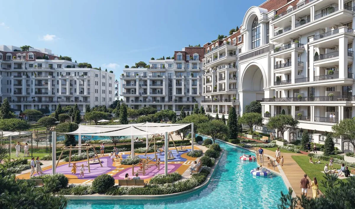 Render of the shaded kids' play area and canal in the courtyard