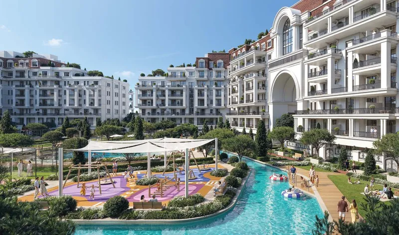 Render of the shaded kids' play area and canal in the courtyard