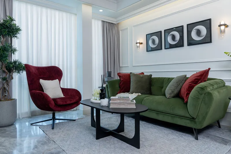 Render of a furnished living room in neo-classical European style