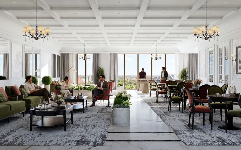 Render of a residents' lounge with sofas, dining tables and chandeliers