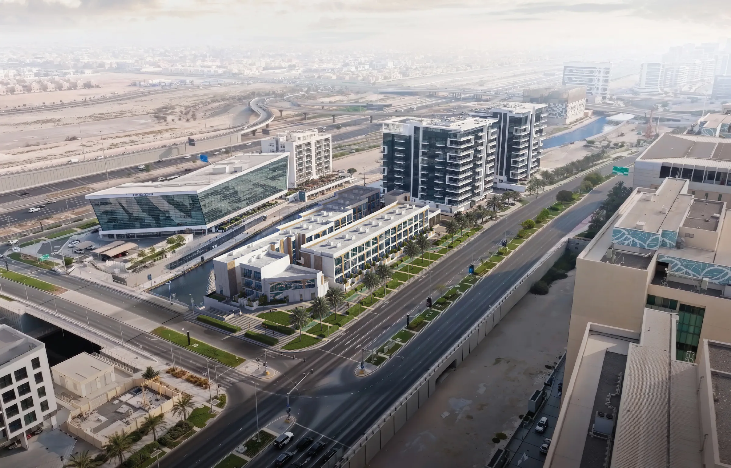 Aerial render of Baia by Reportage on the canal at Al Raha Beach, Abu Dhabi