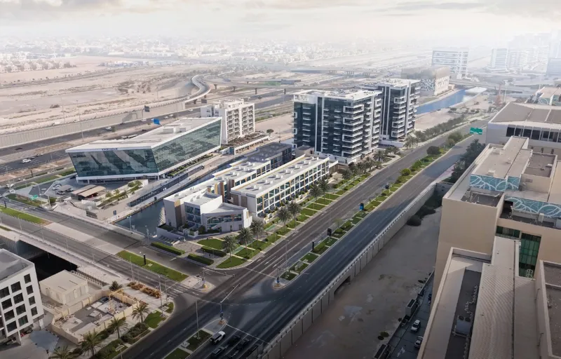 Aerial view of Baia, a low-rise townhouse building on Al Raha Boulevard, Abu Dhabi (developer render)