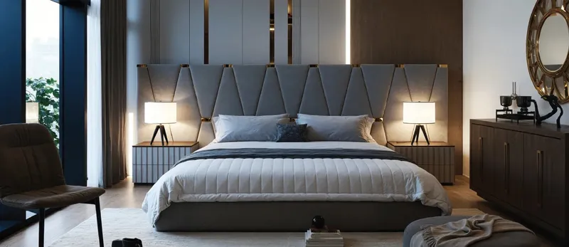 Bedroom in a Baia townhouse with a panelled headboard (developer render)