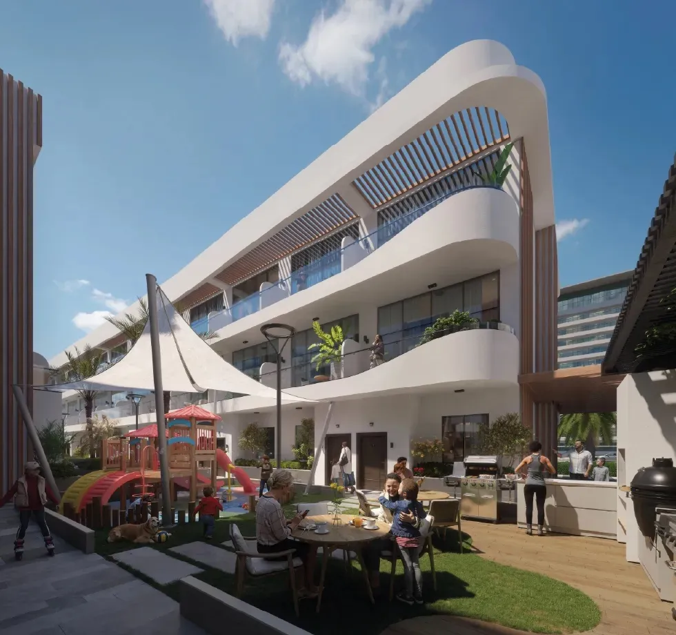 Baia courtyard with a kids' play area, BBQ deck and terraced townhouses above (developer render)