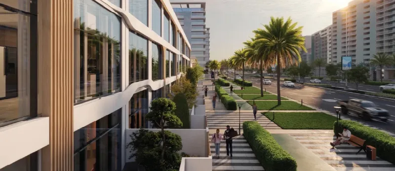 Palm-lined walkway beside the curved facade of Baia (developer render)