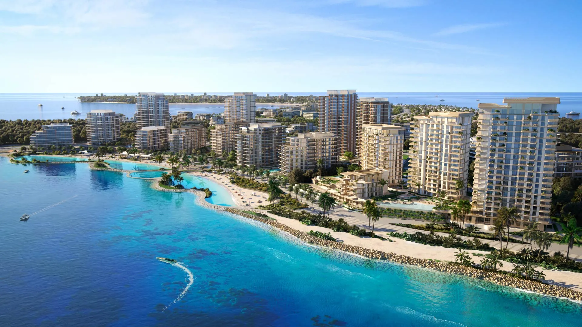 Aerial view of the Bay Grove Residences buildings along the bay and beach on Dubai Islands