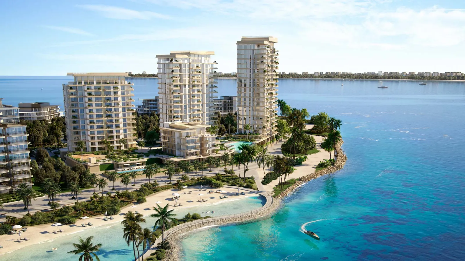 Aerial render of the final phase of Bay Grove Residences at the end of the bay on Dubai Islands, with buildings on a shared podium beside the beach