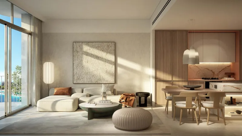 Living and dining room of a Bay Grove Residences apartment with floor-to-ceiling windows