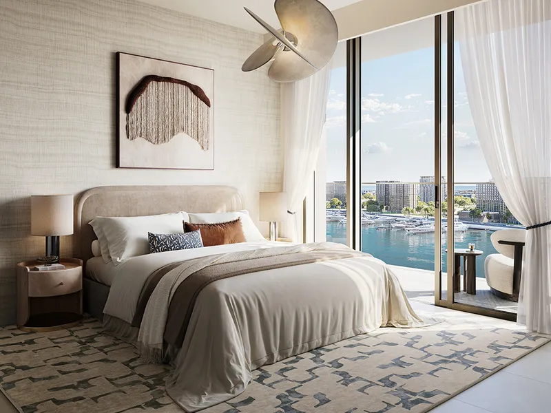Interior render of a Baystar by Vida bedroom opening to a balcony above the marina