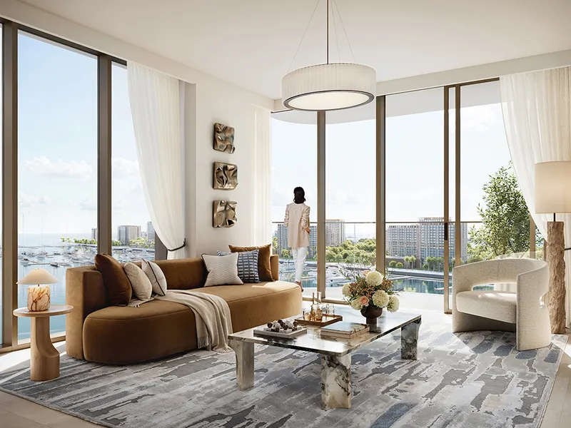 Interior render of a Baystar by Vida living room with full-height glazing and marina views