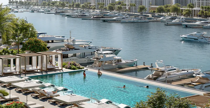 Render of the Baystar by Vida pool deck with cabanas beside berthed yachts