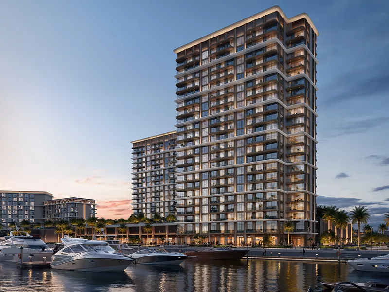 Render of the Baystar by Vida towers at dusk seen across the water at Rashid Yachts & Marina