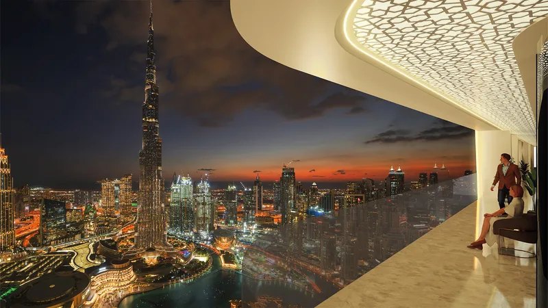 Balcony at Bayz 101 by Danube facing Burj Khalifa and Downtown Dubai at night