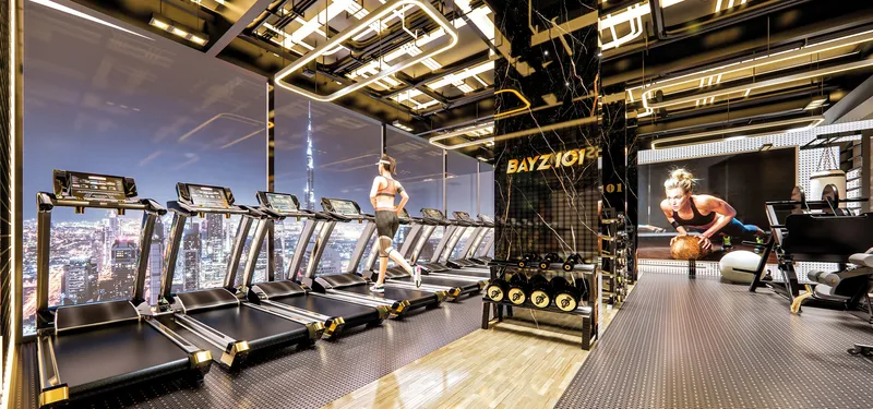 Indoor gym with skyline views at Bayz 101 by Danube