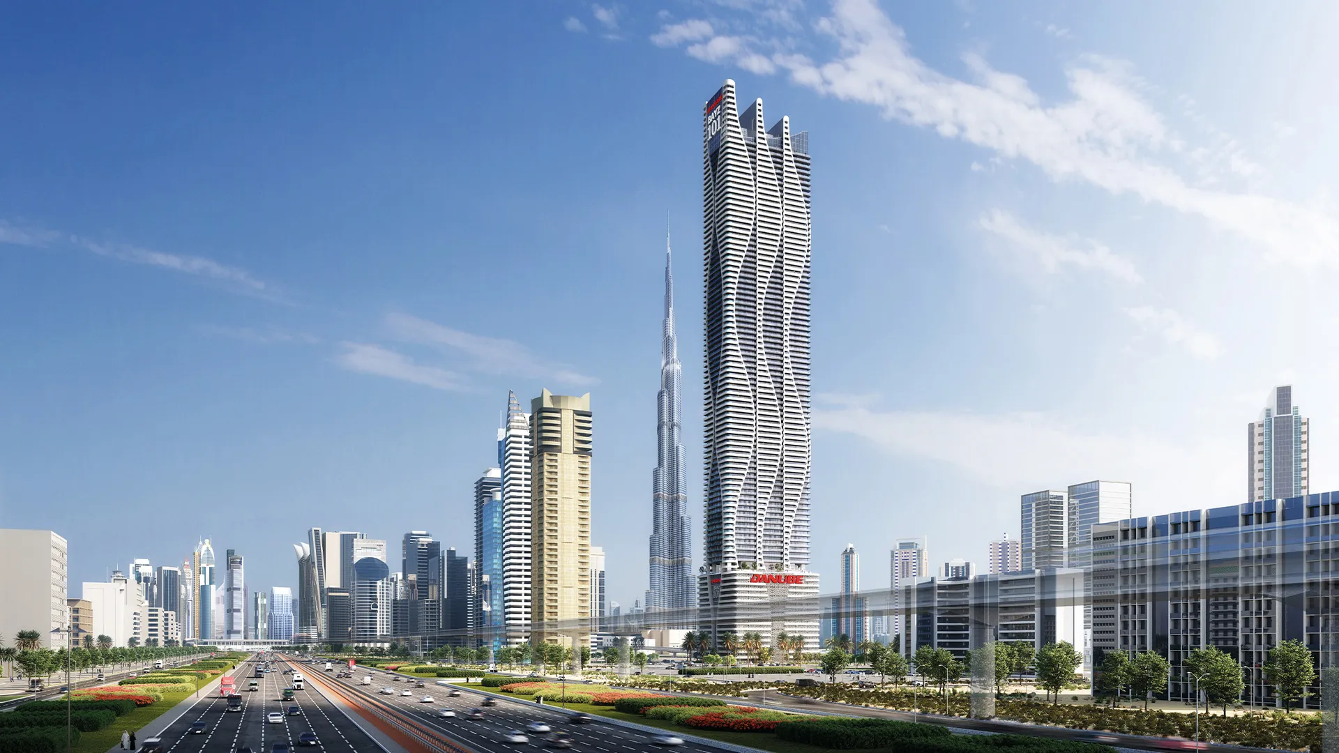 Bayz 101 by Danube tower in Business Bay seen from Sheikh Zayed Road, with Burj Khalifa behind