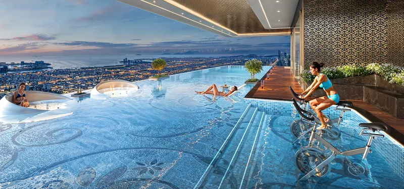 Aquatic gym with water bikes in the pool at Bayz 102 by Danube