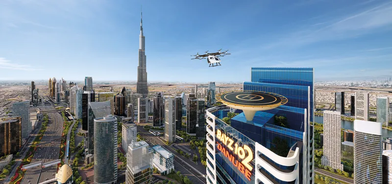 Rooftop helipad at Bayz 102 by Danube with an air taxi and Burj Khalifa beyond