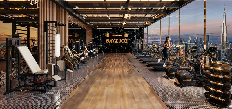 Indoor gym with city views at Bayz 102 by Danube