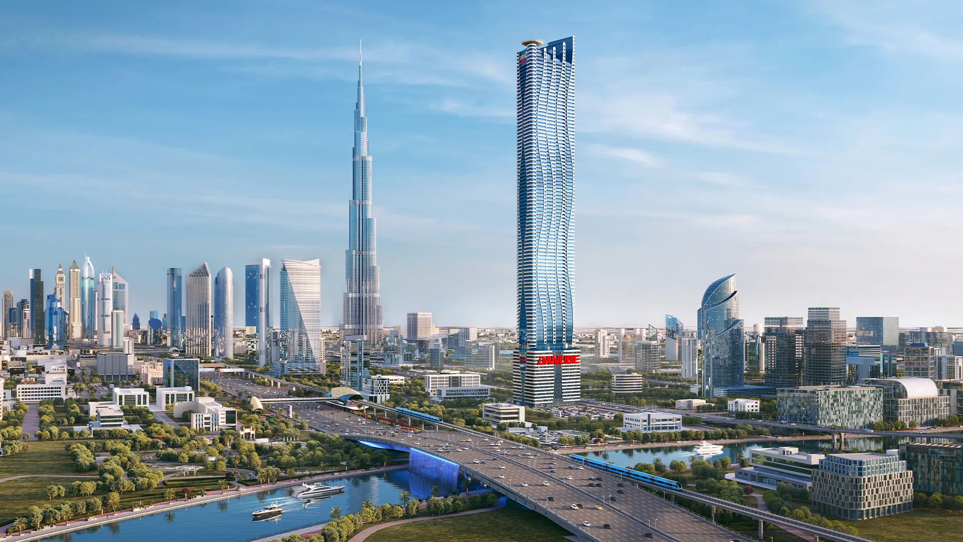 Bayz 102 by Danube tower in Business Bay with Burj Khalifa and the Dubai Canal