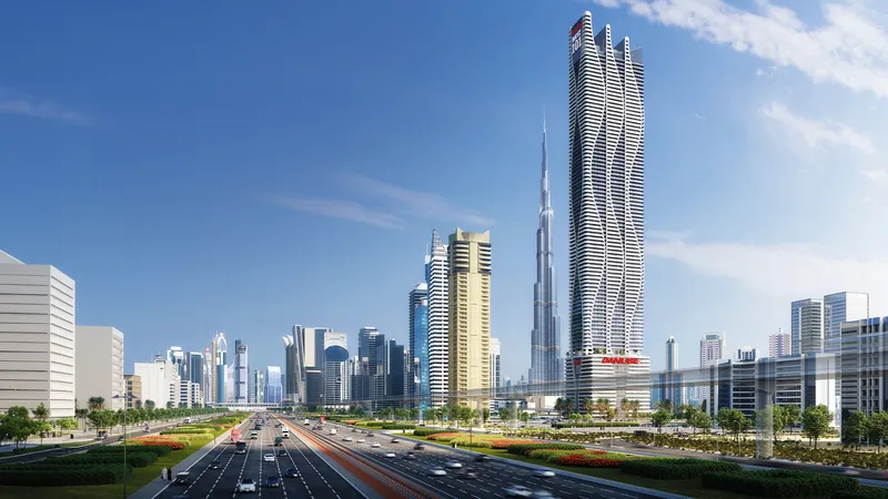 Bayz 102 by Danube tower seen along the highway with Burj Khalifa behind