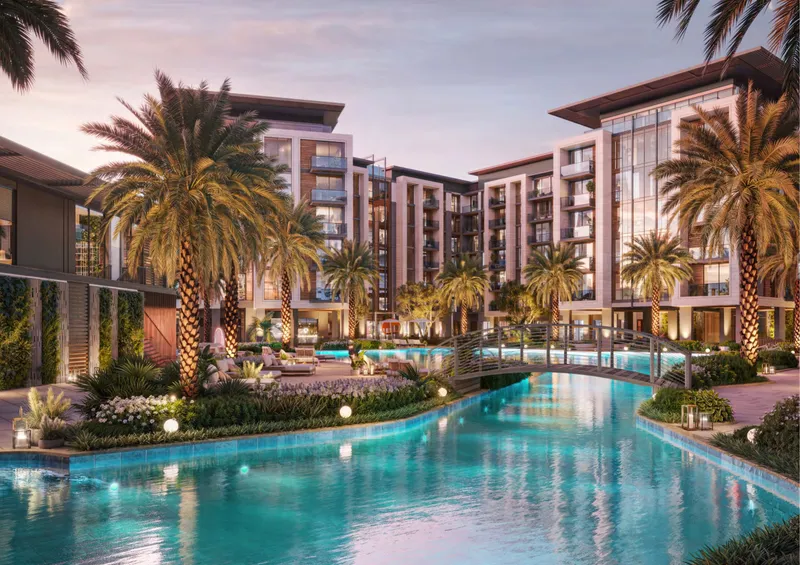 Render of the lazy river and footbridge between the buildings at Belgravia Gardens