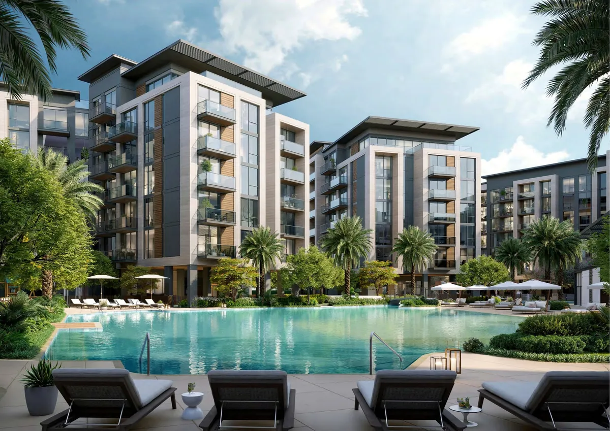 Render of a leisure pool with sun loungers at Belgravia Gardens