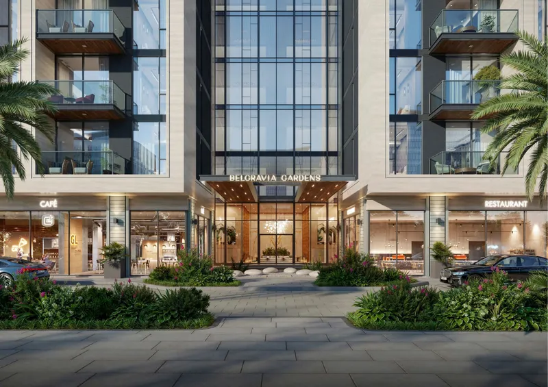 Render of the main entrance of Belgravia Gardens, with a café and restaurant either side