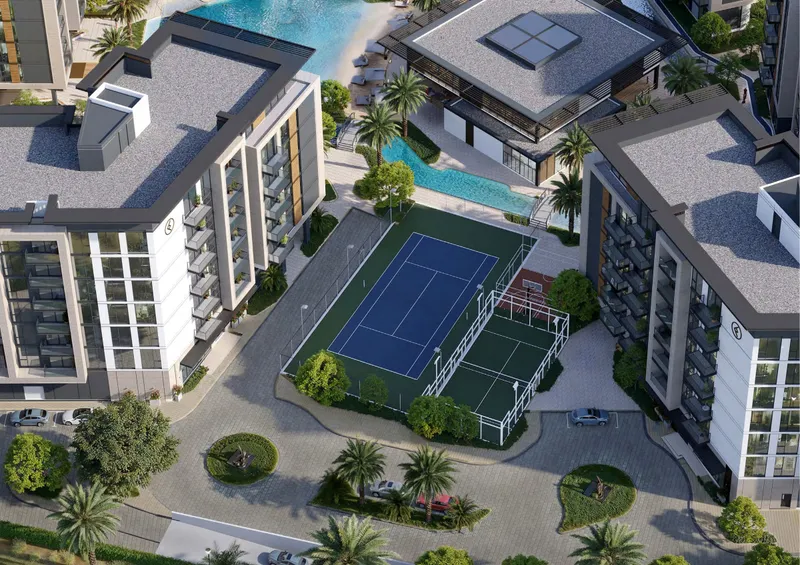 Aerial render of the tennis, padel and basketball courts at Belgravia Gardens