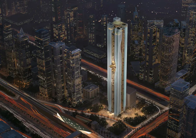 Aerial night render of Berkeley Tower among the lit towers of Business Bay