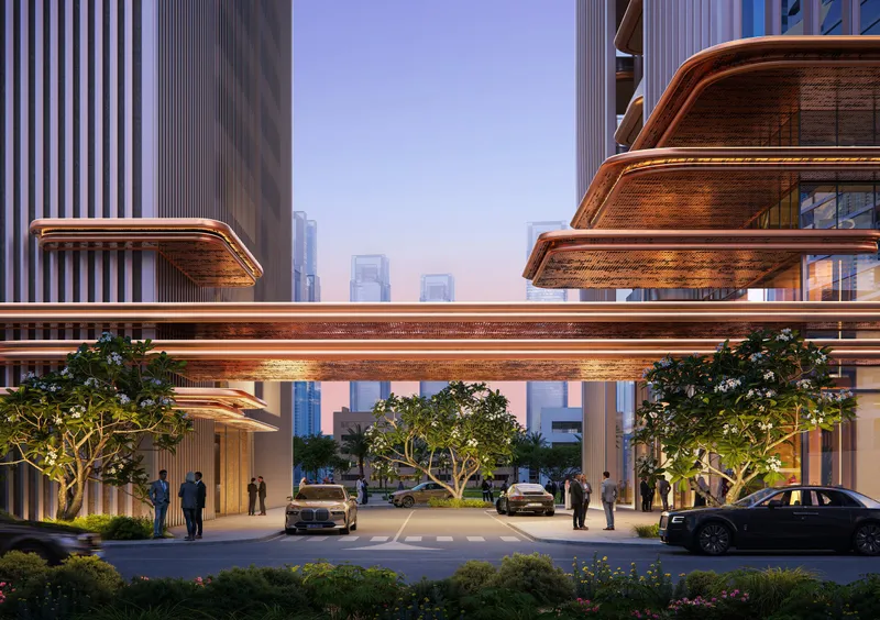 Render of the landscaped arrival court and drop-off at the base of Berkeley Tower